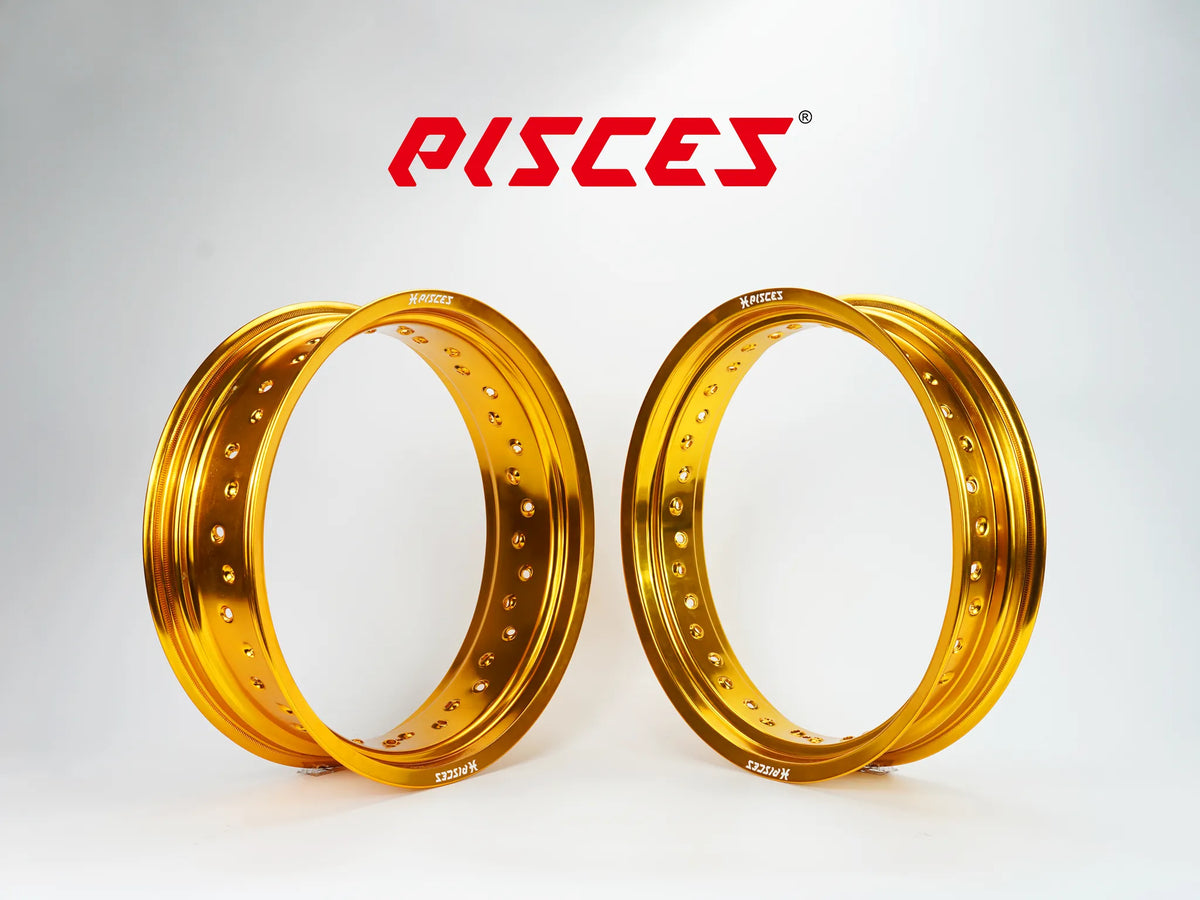 Jeu de jantes avant et arrière 17 pouces dorées Pisces Custom pour Supermoto.