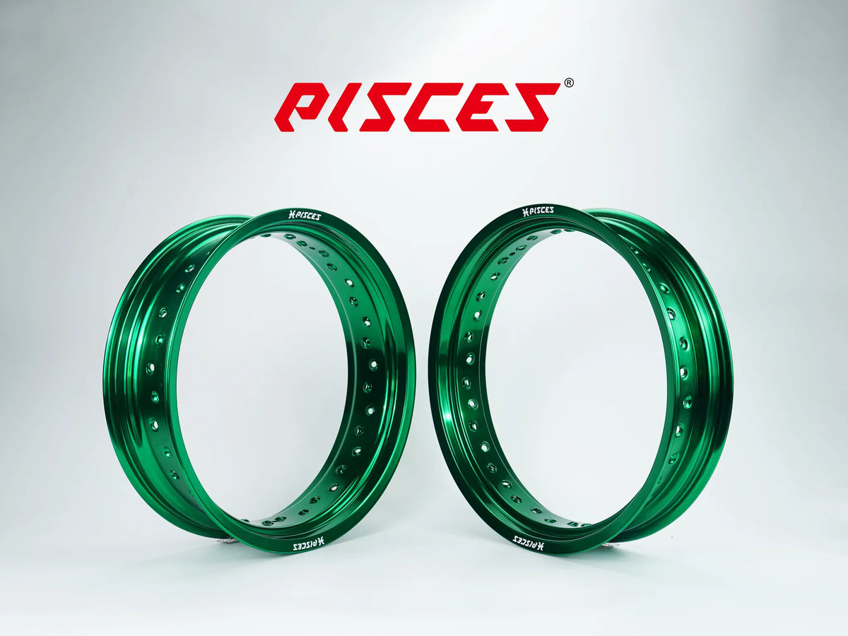 Jeu de jantes avant et arrière 17 pouces vertes Pisces Custom pour Supermoto.