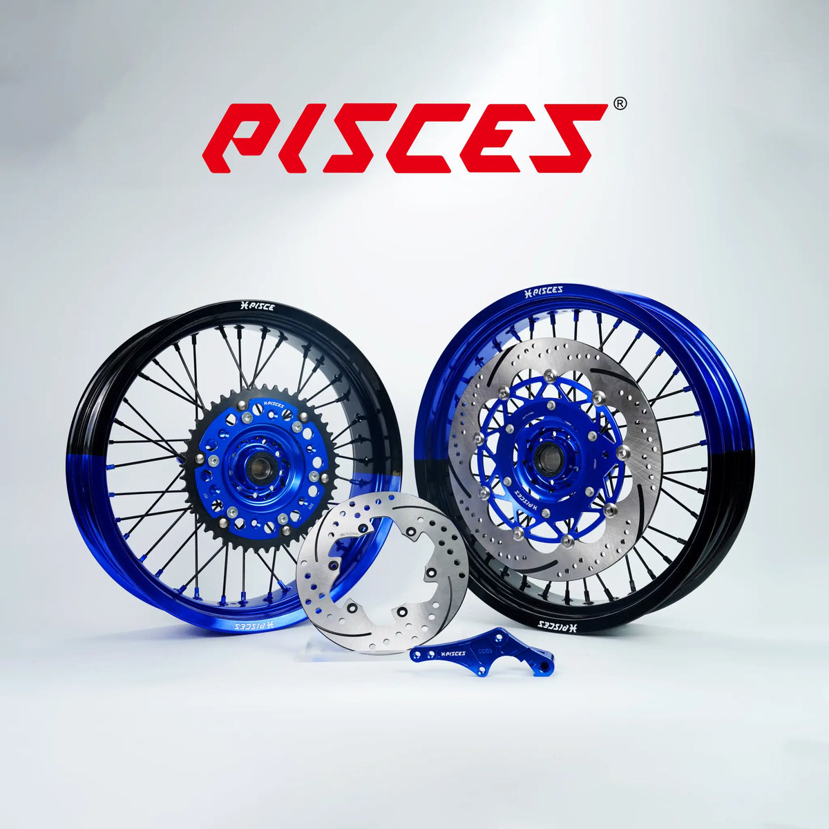Kit de roues Supermoto Honda CR CRF XR Deux Couleurs — jante bleue et noire avec moyeu bleu et kit de freinage bleu — référence de couleur personnalisée