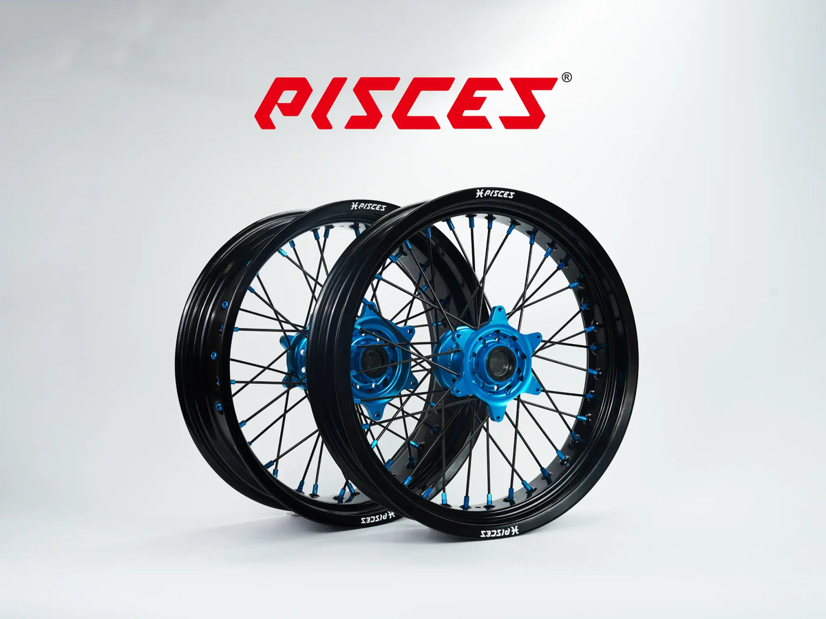 Kawasaki KX KX-F KX-X Single Color Supermoto wheels - black rim, light blue hub, black spokes, light blue nipples - custom color reference