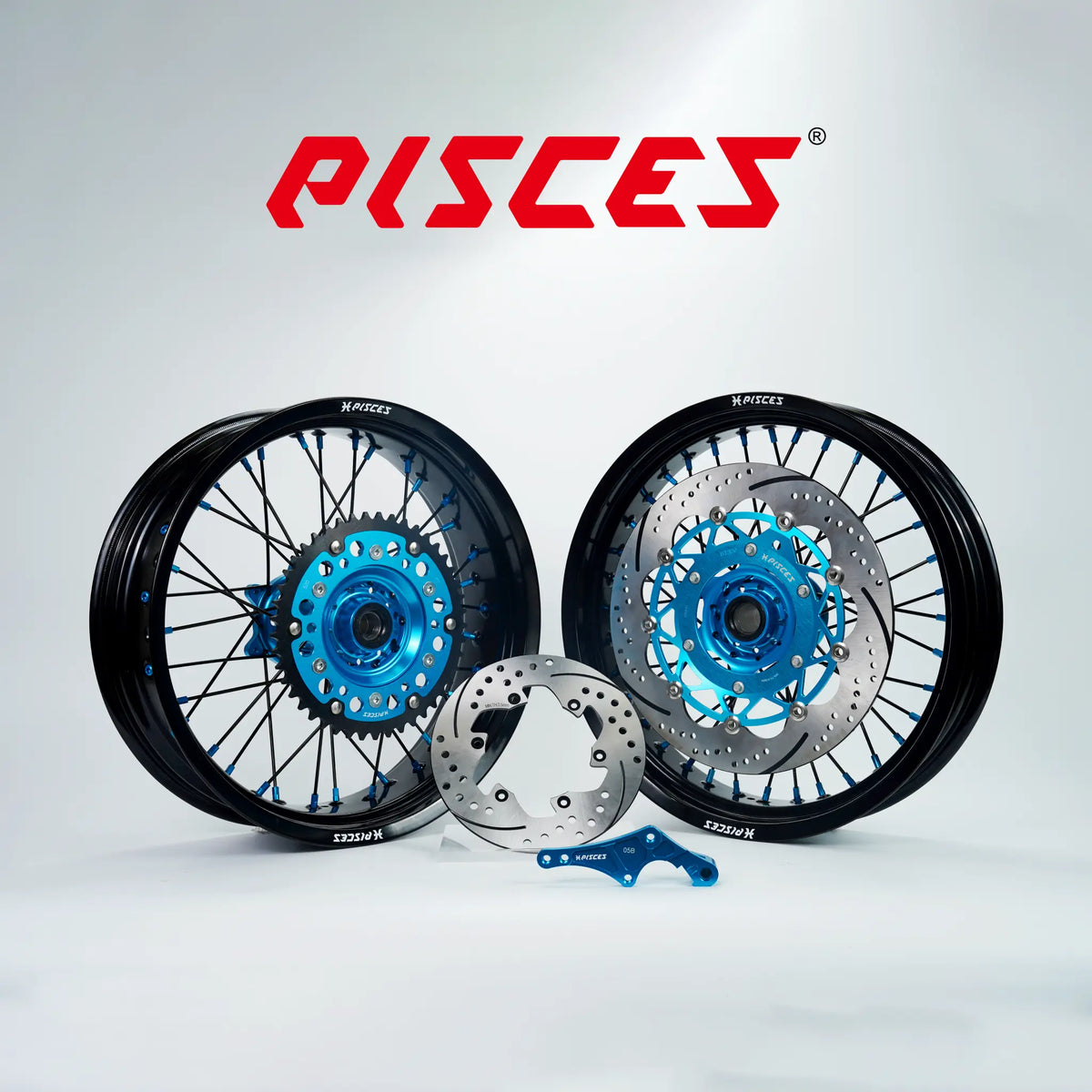 Husaberg FC FE FX TE Single Color Supermoto wheels kit - black rim, light blue hub, black spokes, light blue nipples, light blue brake kit - custom color reference