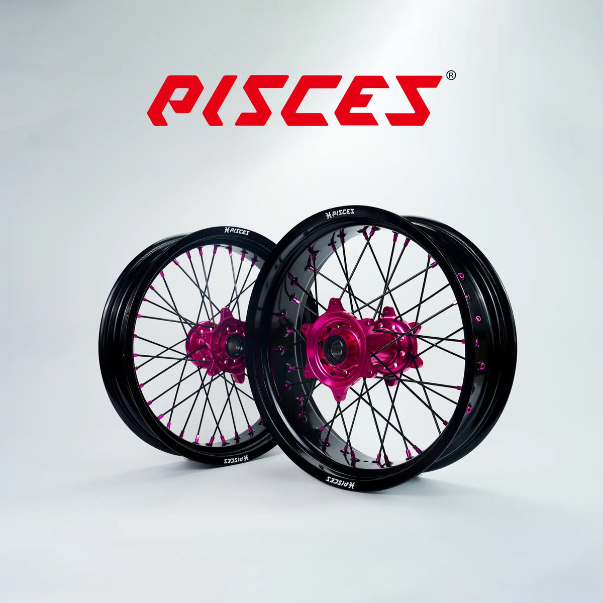 TM Racing EN MX CC Single Color Supermoto wheels - black rim, pink hub, black spokes, pink nipples - custom color reference
