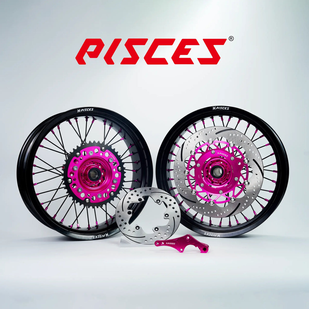 Ducati Desmo Single Color Supermoto wheels kit - black rim, pink hub, black spokes, pink nipples, pink brake kit - custom color reference