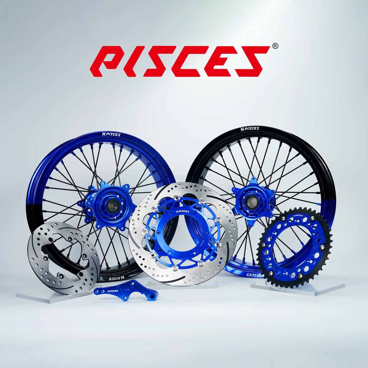 Kit de roues Supermoto KTM EXC SX-F SMR Deux Couleurs — jante bleue et noire avec moyeu bleu et kit de freinage bleu — référence de couleur personnalisée