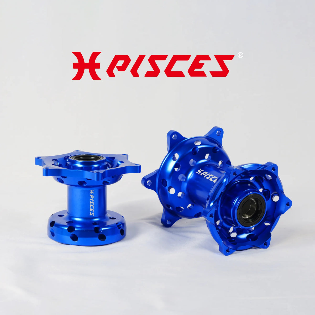 Jeu de moyeux avant et arrière bleus Pisces Custom pour Supermoto, MX et Enduro.