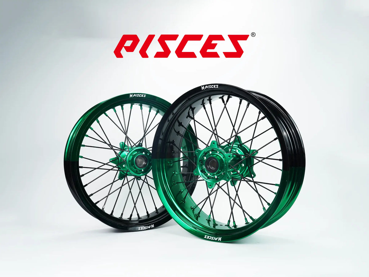 Jeu de roues Supermoto Honda CR CRF XR Deux Couleurs — jante verte et noire avec moyeu vert — référence de couleur personnalisée