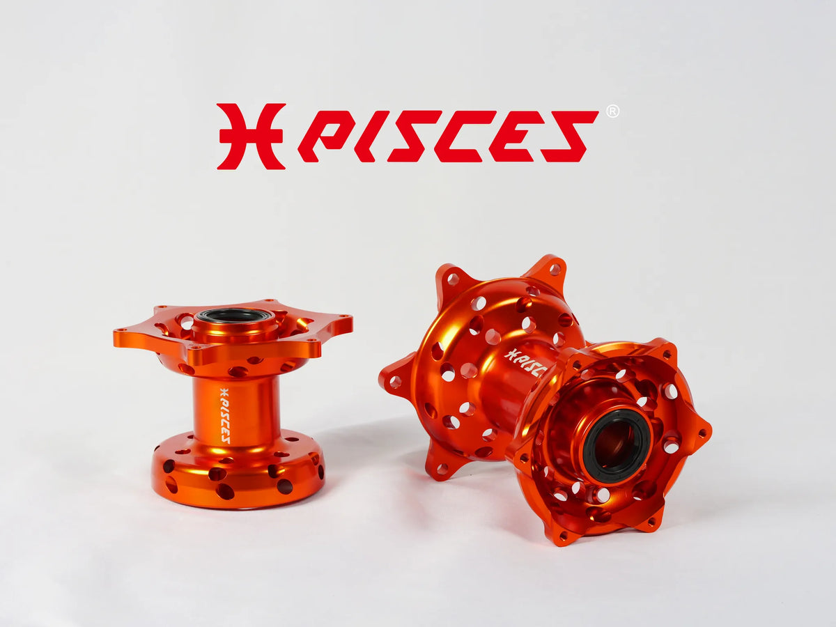 Jeu de moyeux avant et arrière orange Pisces Custom pour Supermoto, MX et Enduro.