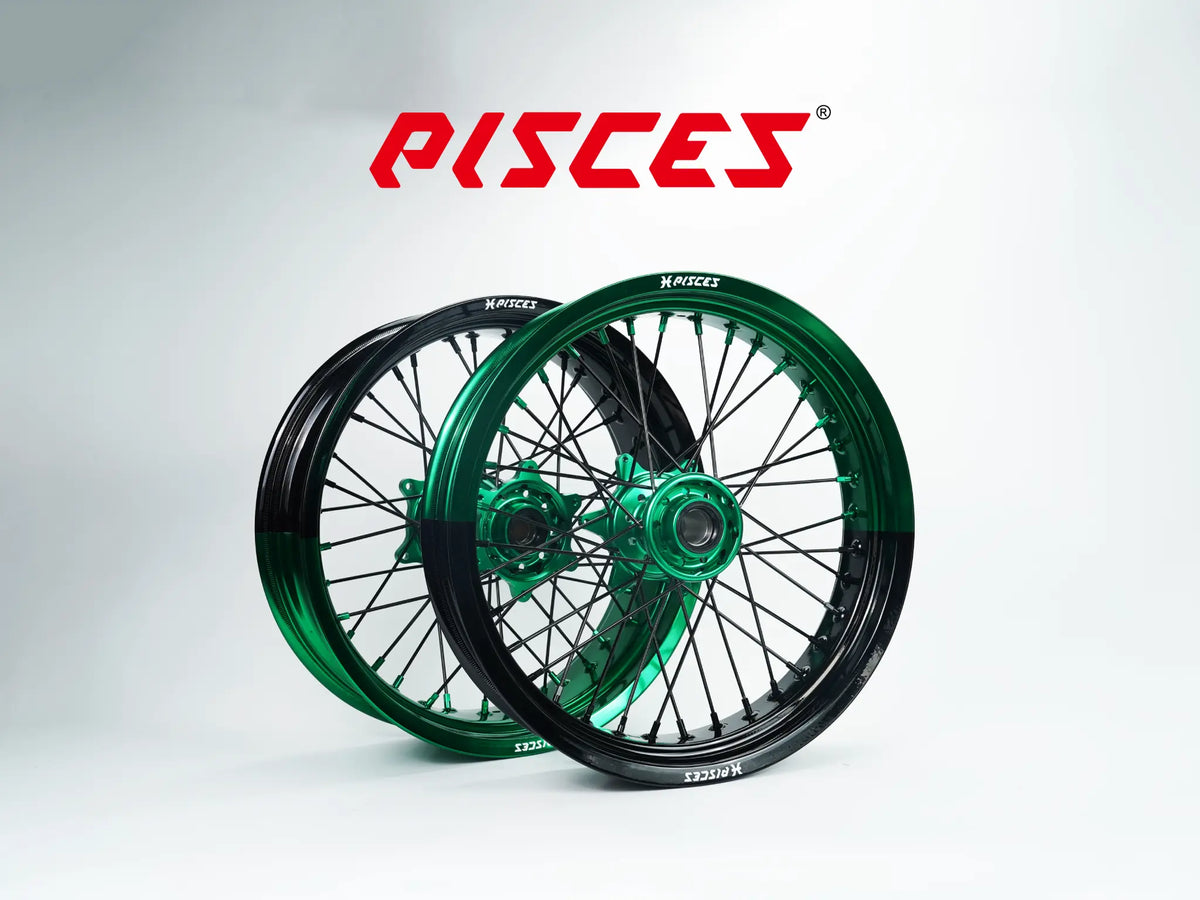 Jeu de roues Supermoto Beta RR RX Deux Couleurs — jante verte et noire avec moyeu vert — référence de couleur personnalisée
