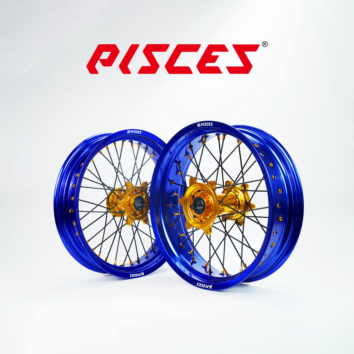 Jeu de roues Supermoto Triumph TF Couleur Unique — jante bleue, moyeu doré, rayons noirs, écrous dorés — référence de couleur personnalisée