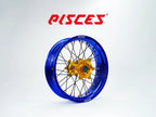Jeu de roues Supermoto Suzuki RM-Z DR-Z RM Couleur Unique — jante bleue, moyeu doré, rayons noirs, écrous dorés — référence de couleur personnalisée