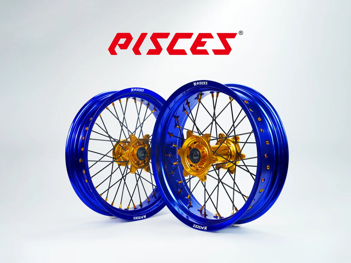Beta RR RX Single Color Supermoto wheels - blue rim, gold hub, black spokes, gold nipples - custom color reference