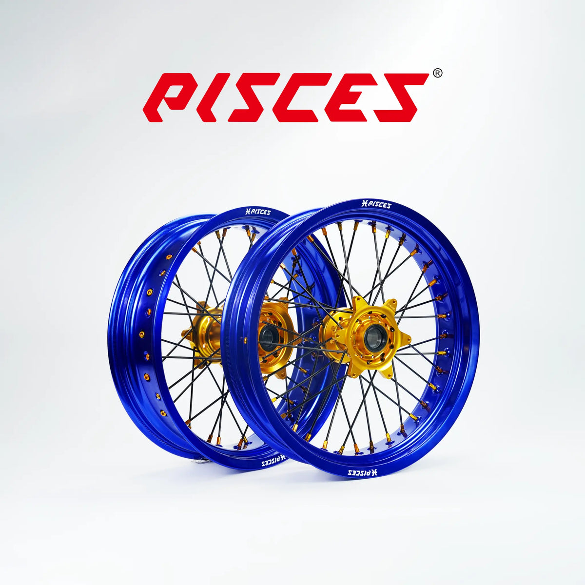 Ducati Desmo Single Color Supermoto wheels - blue rim, gold hub, black spokes, gold nipples - custom color reference