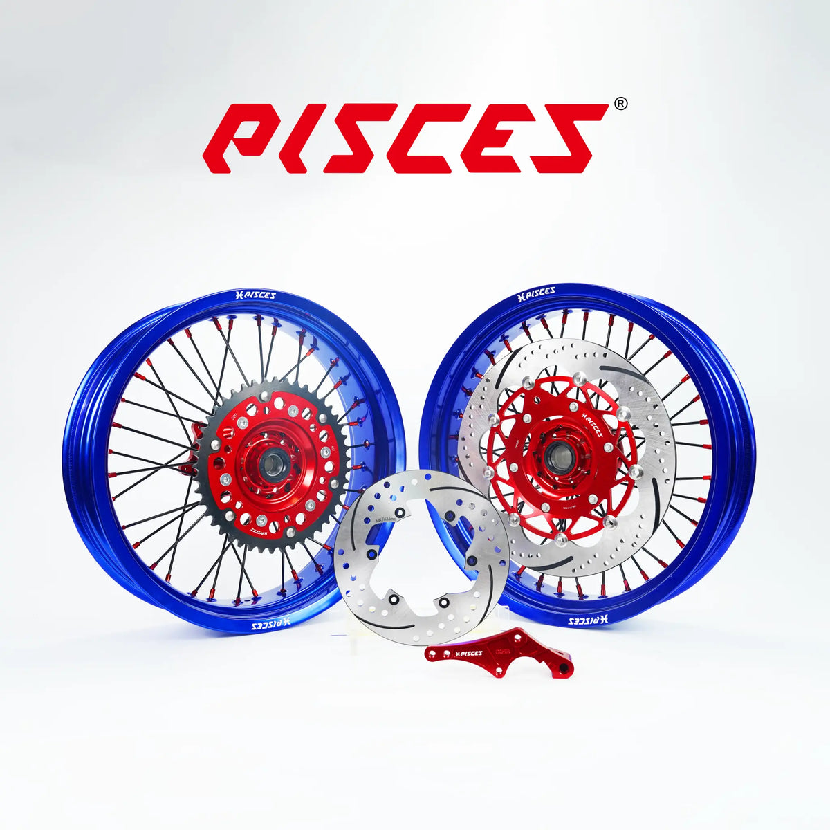 Rieju MR Single Color Supermoto wheels kit - blue rim, red hub, black spokes, red nipples, red brake kit - custom color reference
