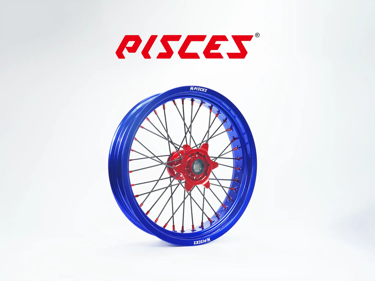 Beta RR RX Single Color Supermoto wheels - blue rim, red hub, black spokes, red nipples - custom color reference