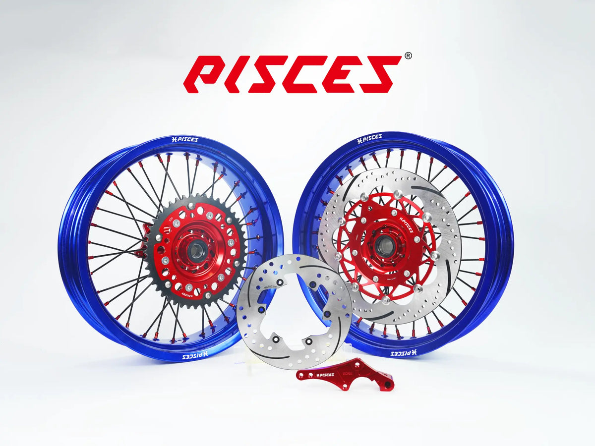 GASGAS EC ES EX MC Single Color Supermoto wheels kit - blue rim, red hub, black spokes, red nipples, red brake kit - custom color reference
