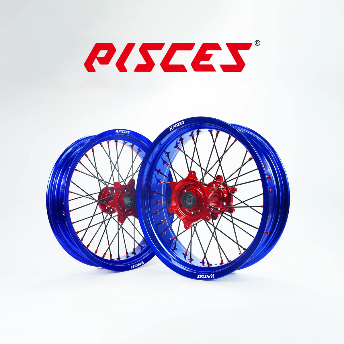 Ducati Desmo Single Color Supermoto wheels - blue rim, red hub, black spokes, red nipples - custom color reference