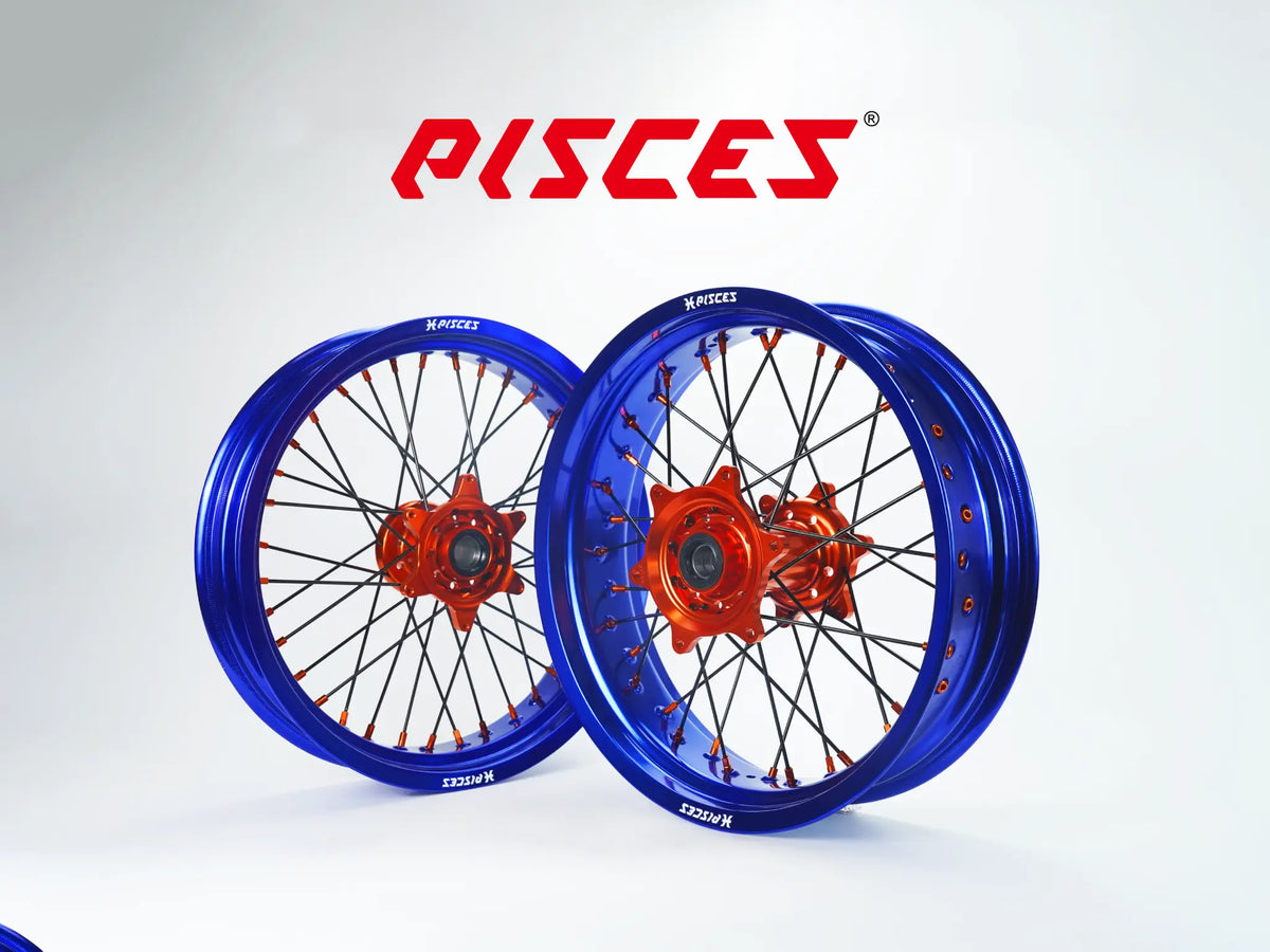 Beta RR RX Single Color Supermoto wheels - blue rim, orange hub, black spokes, orange nipples - custom color reference