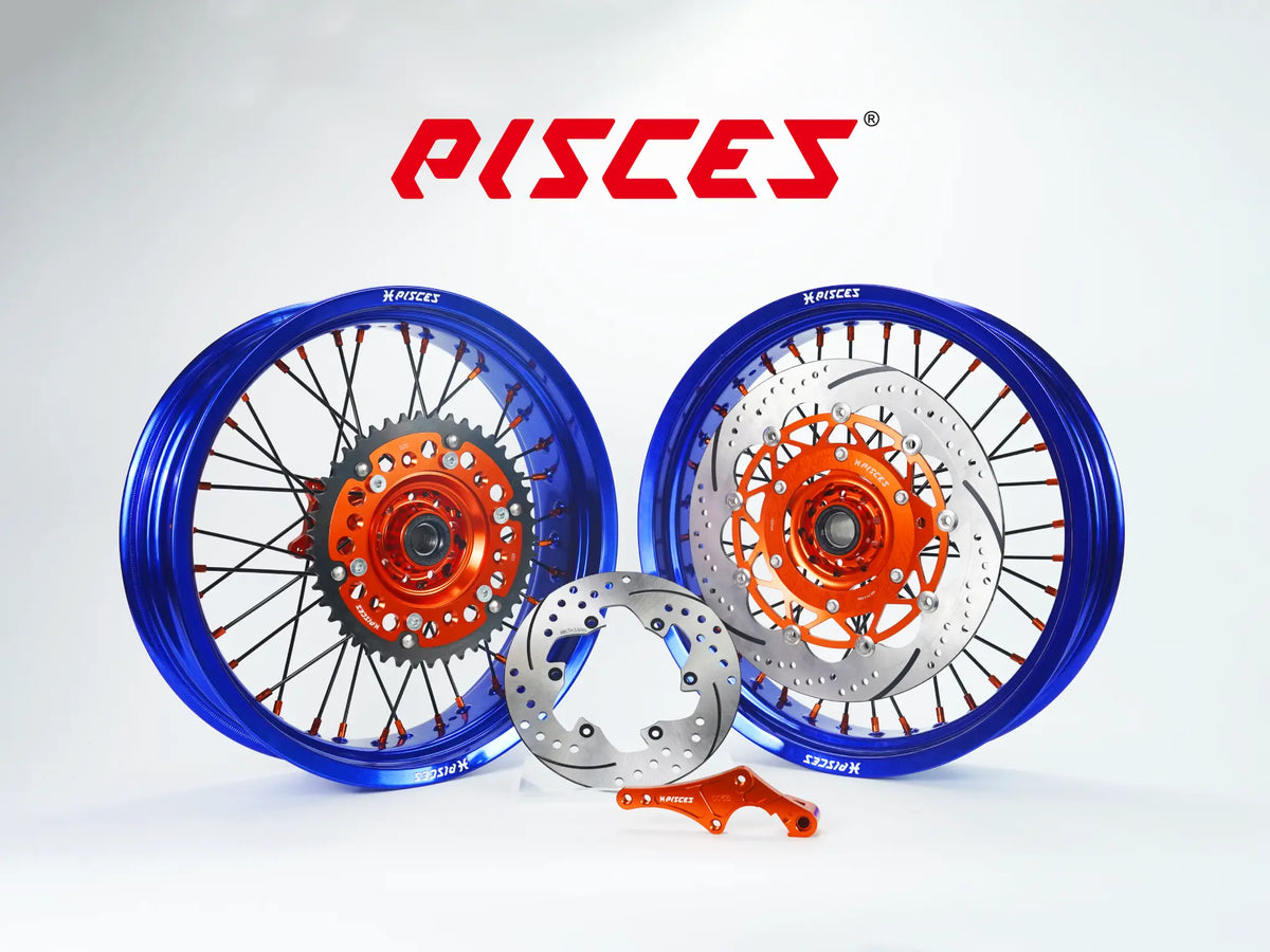 GASGAS EC ES EX MC Single Color Supermoto wheels kit - blue rim, orange hub, black spokes, orange nipples, orange brake kit - custom color reference
