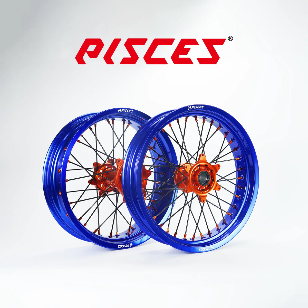 Husaberg FC FE FX TE Single Color Supermoto wheels - blue rim, orange hub, black spokes, orange nipples - custom color reference