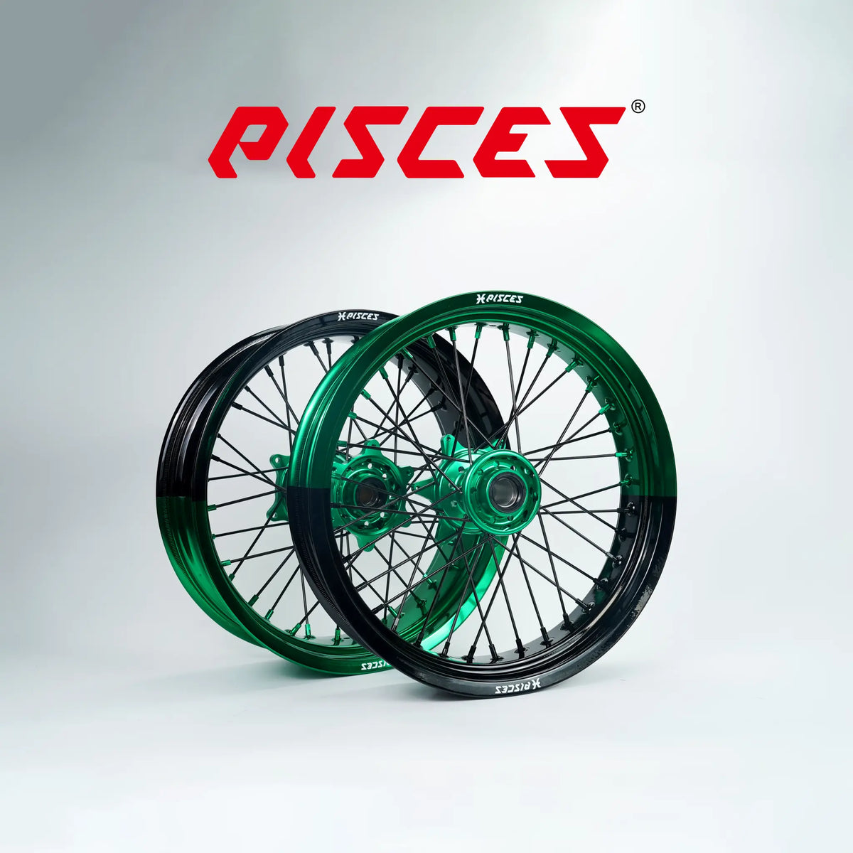 Jeu de roues Supermoto KTM EXC SX-F SMR Deux Couleurs — jante verte et noire avec moyeu vert — référence de couleur personnalisée