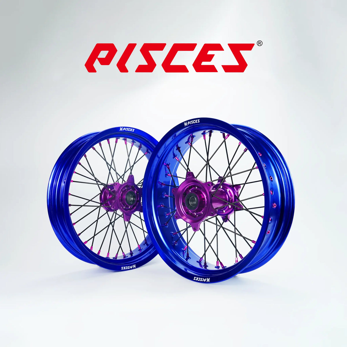Honda CR CRF XR Single Color Supermoto wheels - blue rim, purple hub, black spokes, purple nipples - custom color reference