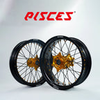 Jeu de roues Supermoto Suzuki RM-Z DR-Z RM Couleur Unique — jante noire, moyeu doré, rayons noirs, écrous dorés — référence de couleur personnalisée