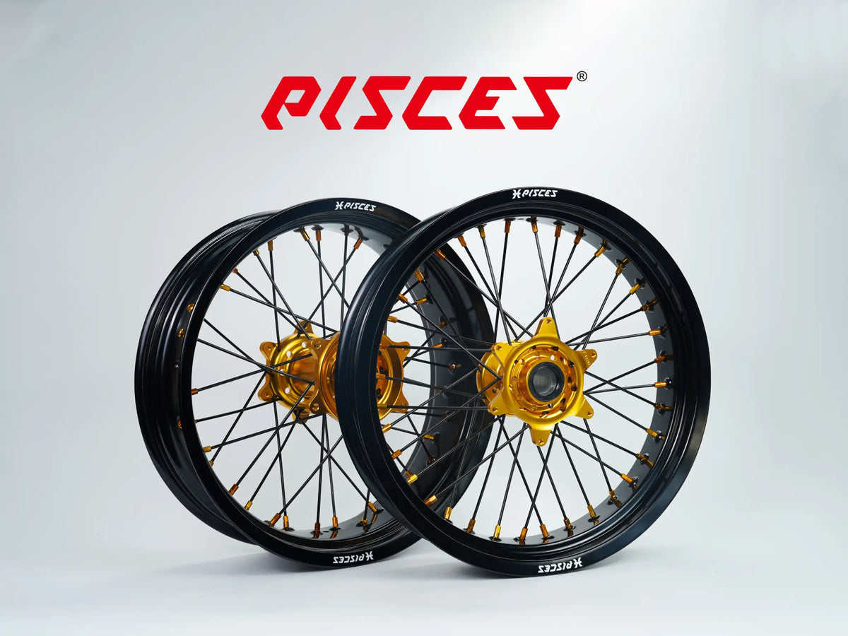 TM Racing EN MX CC Single Color Supermoto wheels - black rim, gold hub, black spokes, gold nipples - custom color reference