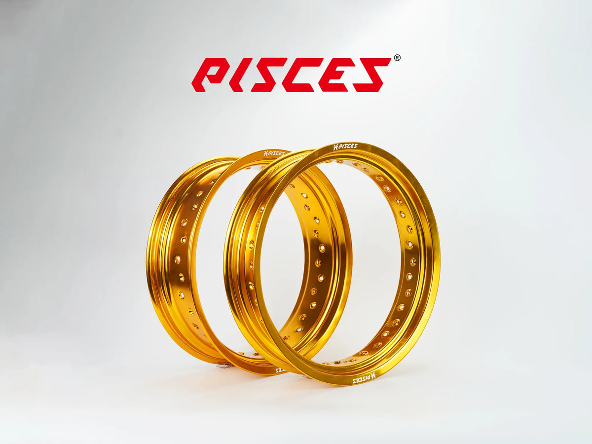 Jantes avant et arrière 17 pouces dorées Pisces Custom pour Supermoto.