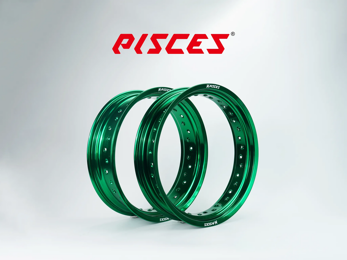 Jantes avant et arrière 17 pouces vertes Pisces Custom pour Supermoto.