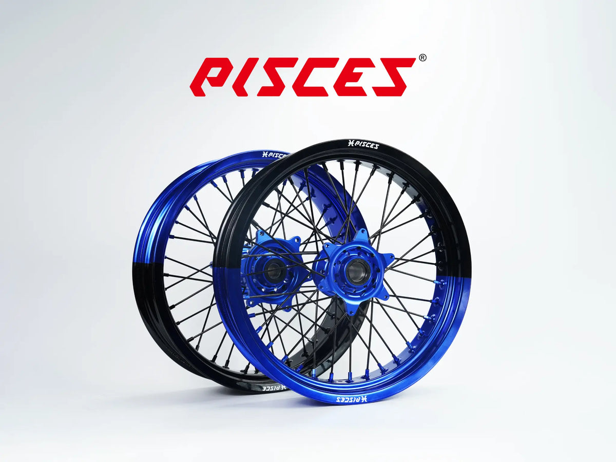 Jeu de roues Supermoto KTM EXC SX-F SMR Deux Couleurs — jante bleue et noire avec moyeu bleu — référence de couleur personnalisée