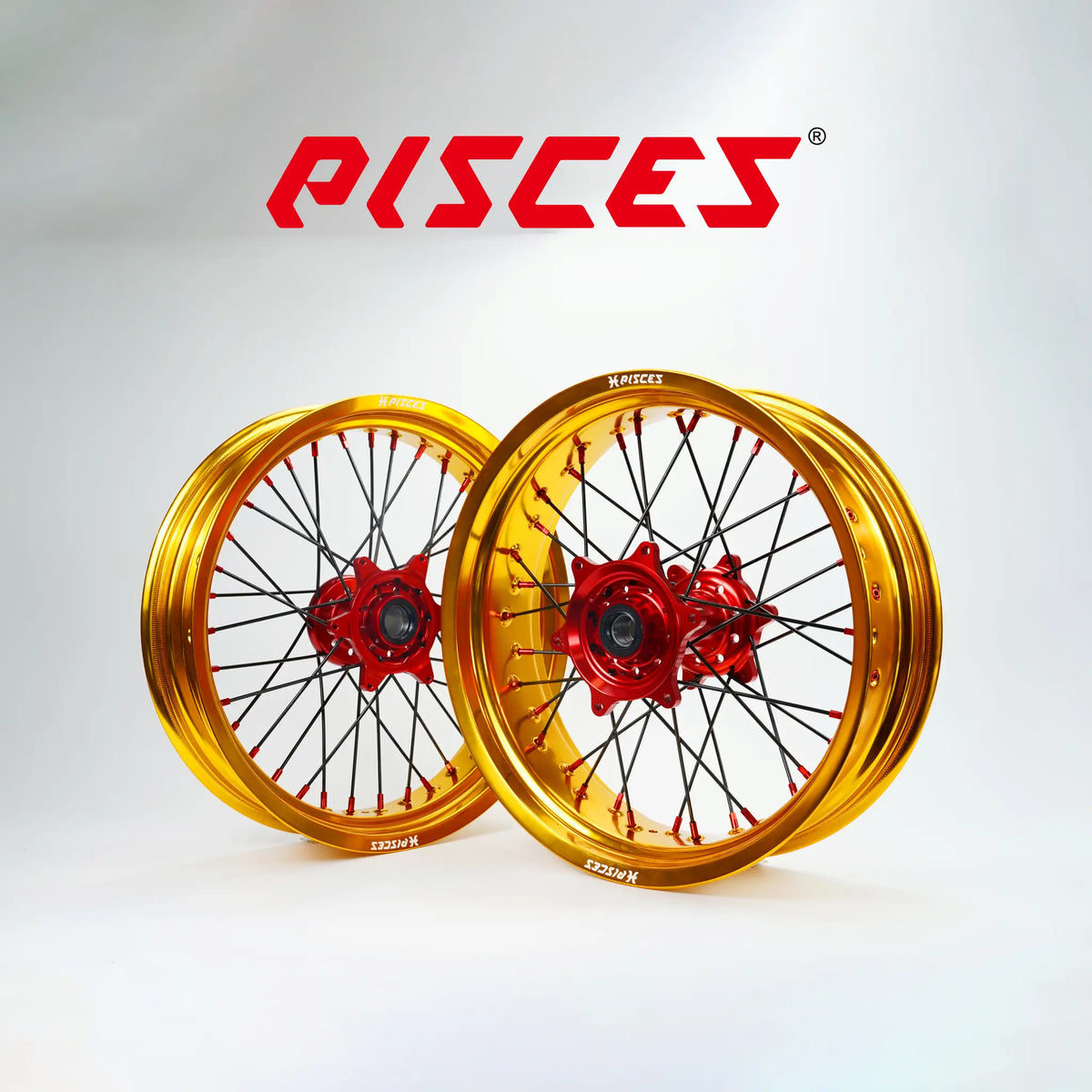 Husqvarna FC FE TE TC TX Single Color Supermoto wheels - gold rim, red hub, black spokes, red nipples - custom color reference