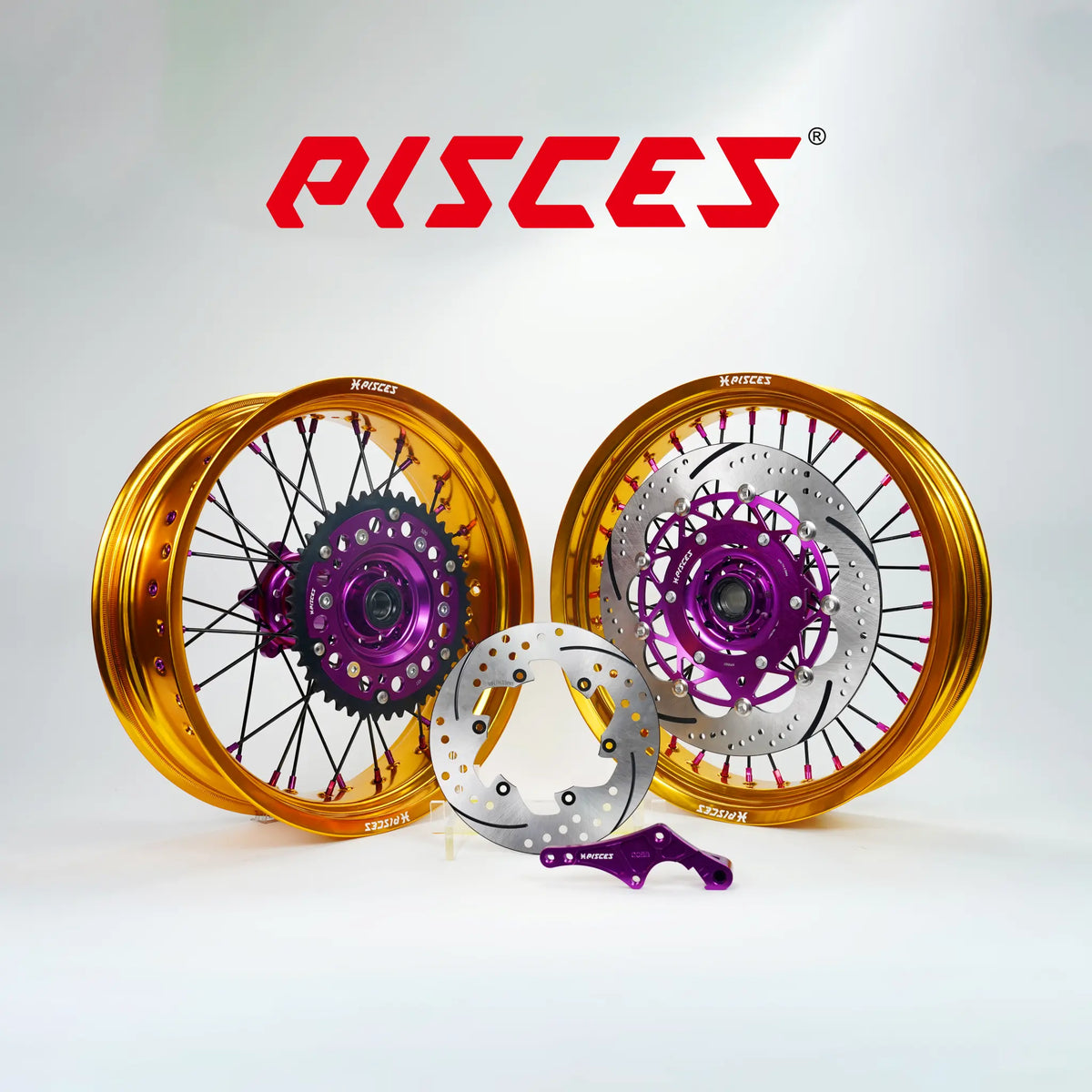 Fantic XE XEF XX Single Color Supermoto wheels kit - gold rim, purple hub, black spokes, purple nipples, purple brake kit - custom color reference