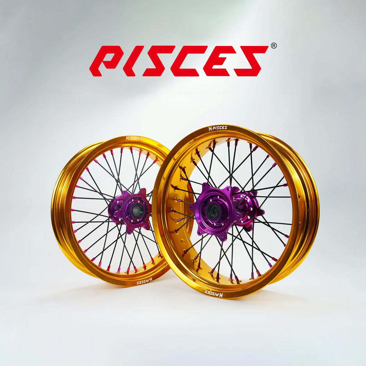 Husqvarna FC FE TE TC TX Single Color Supermoto wheels - gold rim, purple hub, black spokes, purple nipples - custom color reference