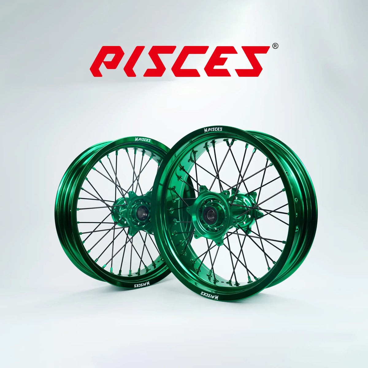 Husqvarna FC FE TE TC TX Single Color Supermoto wheels - green rim, green hub, black spokes, green nipples - custom color reference