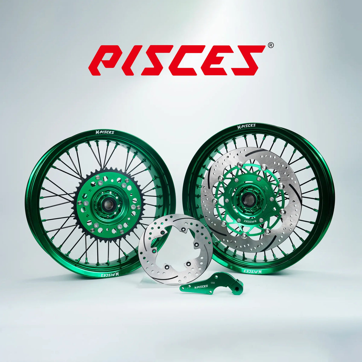 Fantic XE XEF XX Single Color Supermoto wheels kit - green rim, green hub, black spokes, green nipples, green brake kit - custom color reference