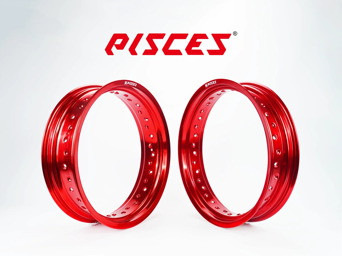 Jeu de jantes avant et arrière 17 pouces rouges Pisces Custom pour Supermoto.