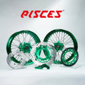 Kit de roues Supermoto KTM SX-F Couleur Unique — jante vert, moyeu vert, rayons argentés, écrous verts, kit de freinage vert — référence de couleur personnalisée