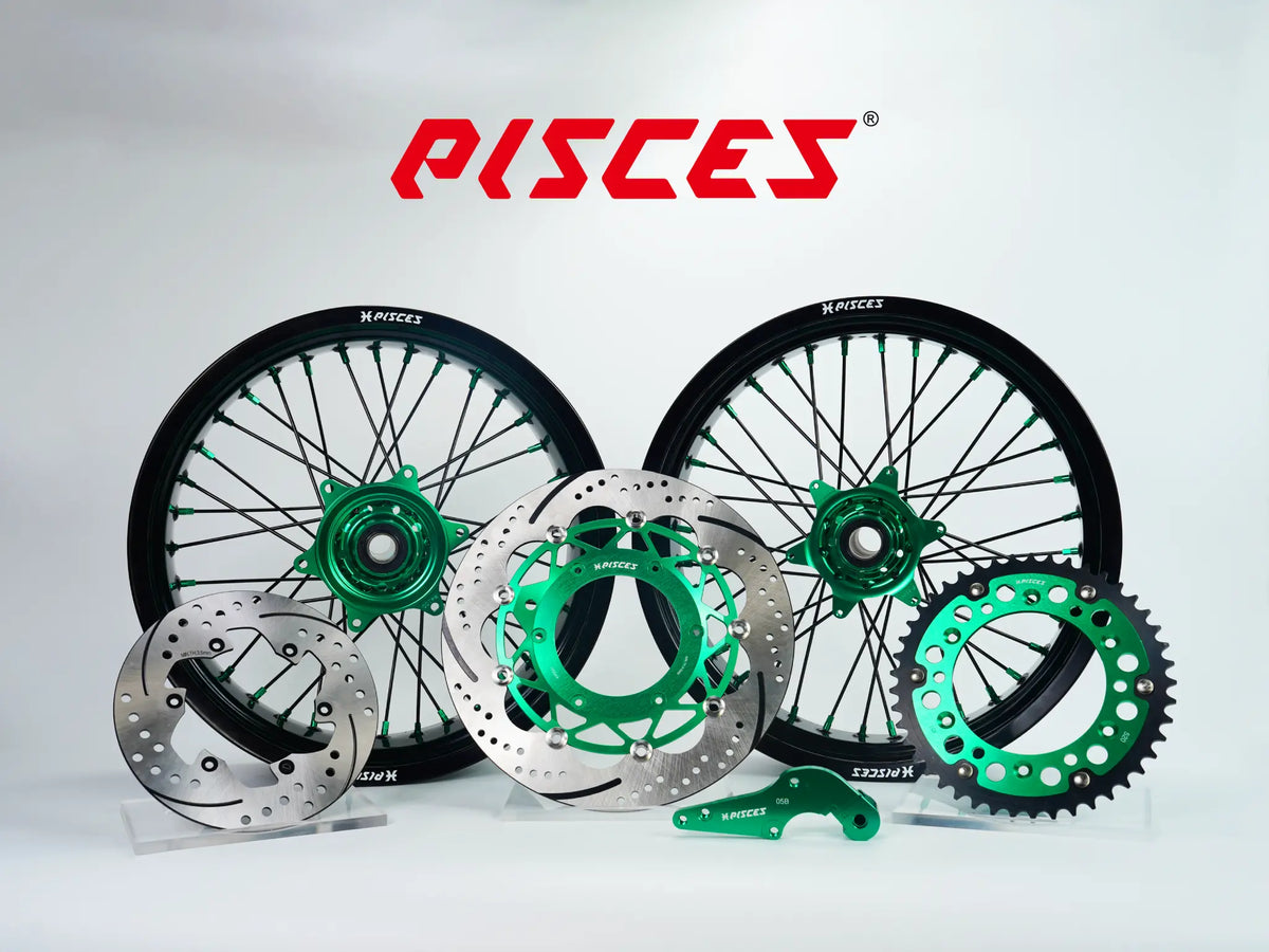Husqvarna FC FE TE TC TX Single Color Supermoto wheels kit - black rim, green hub, black spokes, green nipples, green brake kit - custom color reference