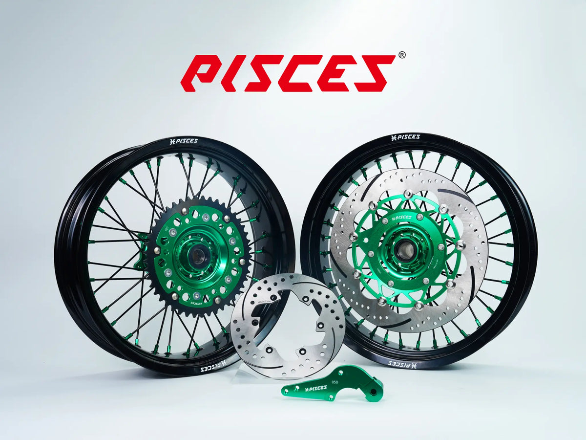 GASGAS EC ES EX MC Single Color Supermoto wheels kit - black rim, green hub, black spokes, green nipples, green brake kit - custom color reference