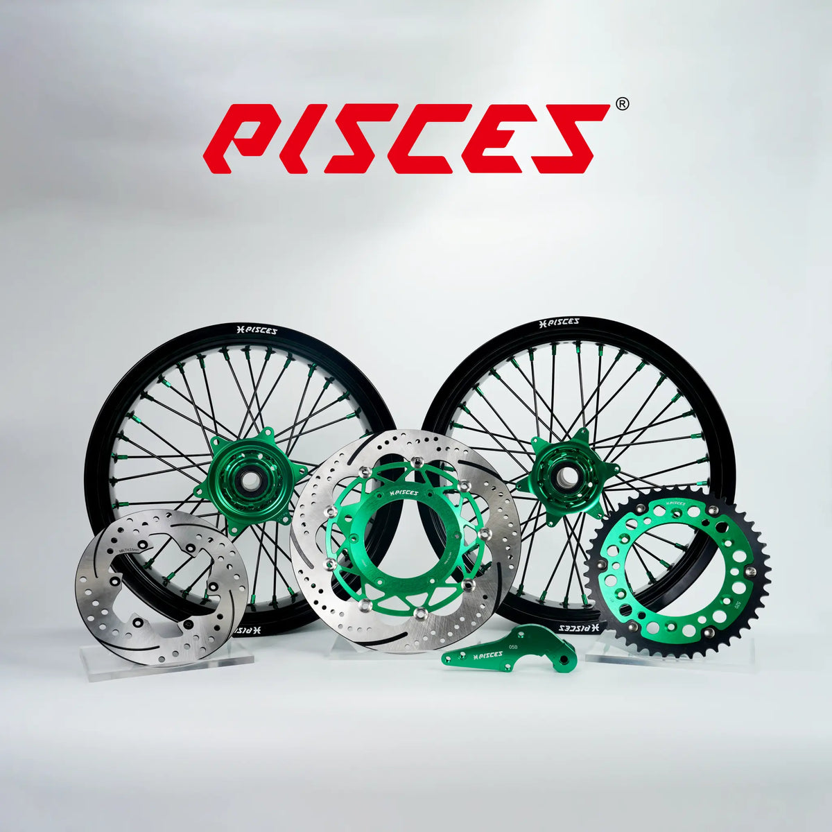 Kit de roues Supermoto Suzuki RM-Z DR-Z RM Couleur Unique — jante noire, moyeu vert, rayons noirs, écrous verts, kit de freinage vert — référence de couleur personnalisée