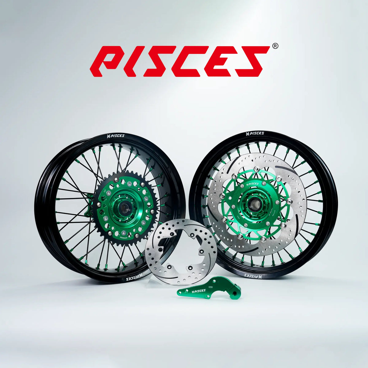 Honda CR CRF XR Single Color Supermoto wheels kit - black rim, green hub, black spokes, green nipples, green brake kit - custom color reference