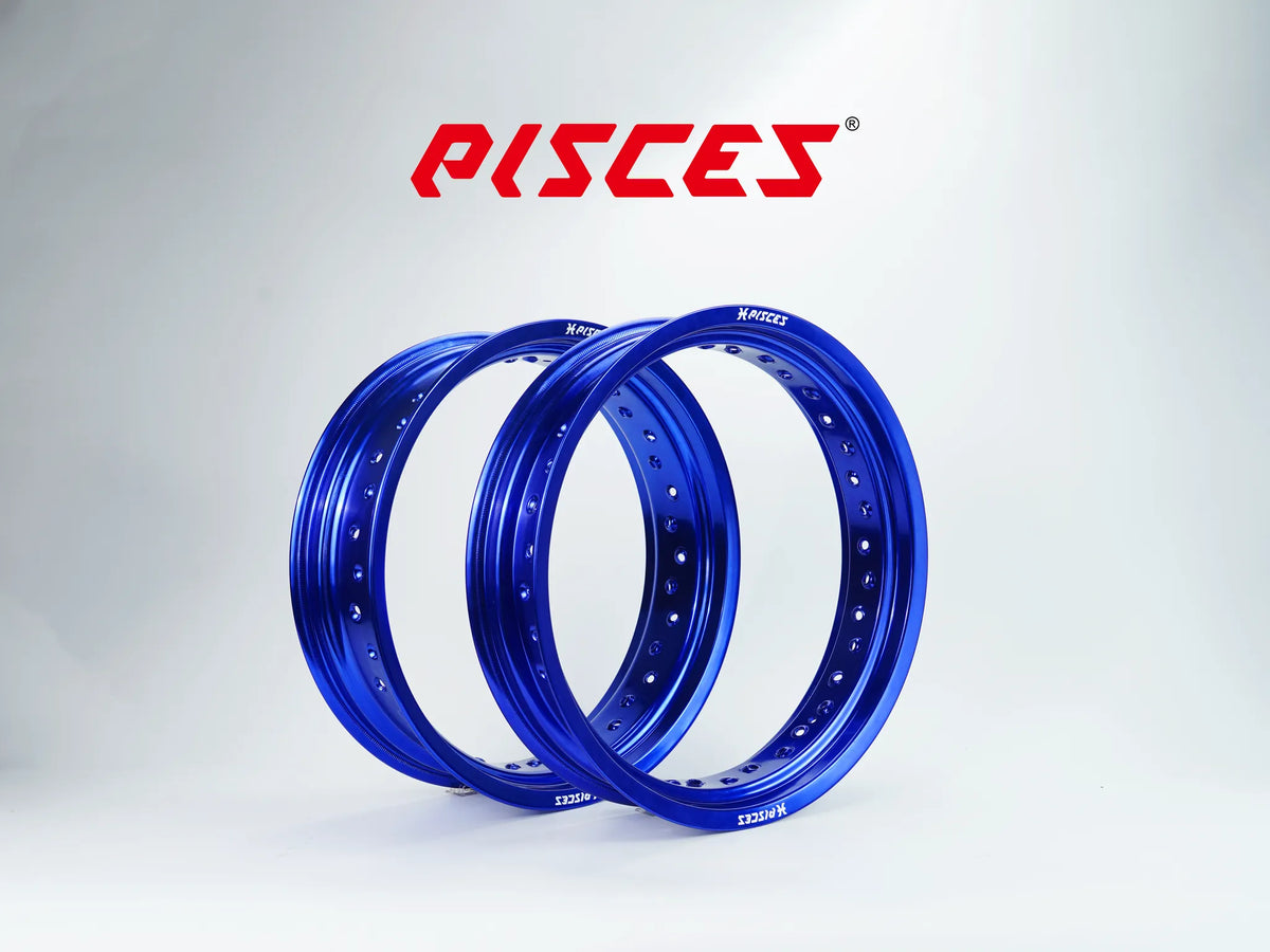 Jantes avant et arrière 17 pouces bleues Pisces Custom pour Supermoto.