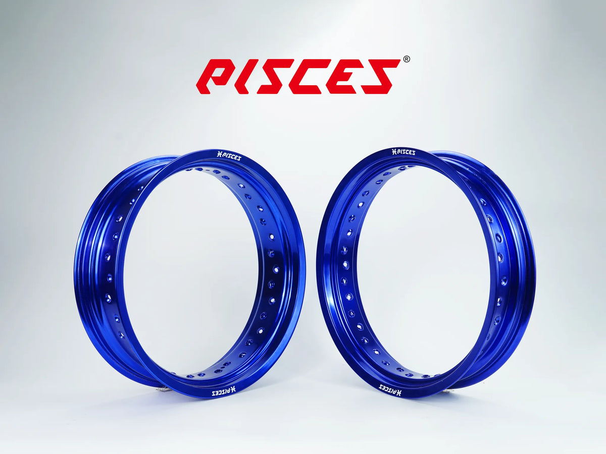 Jeu de jantes avant et arrière 17 pouces bleues Pisces Custom pour Supermoto.