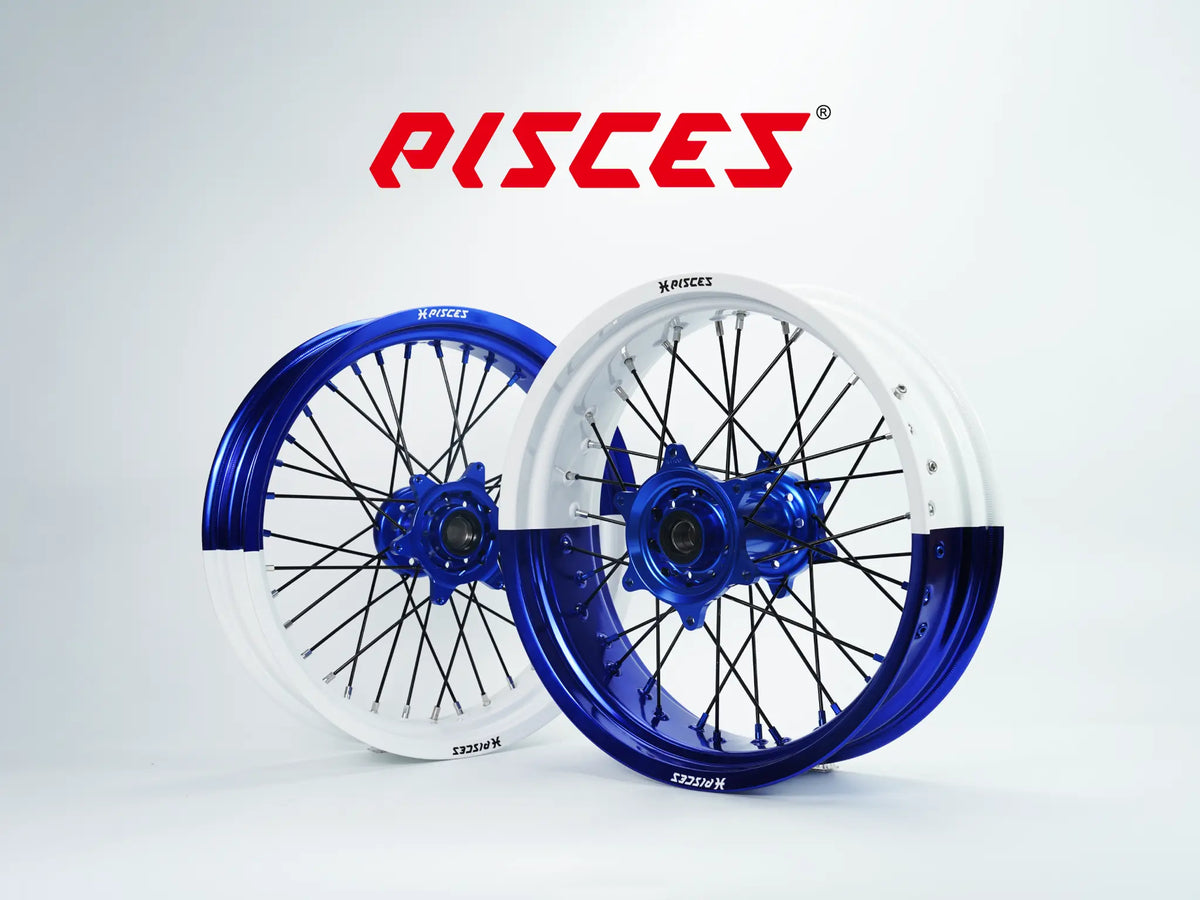 Jeu de roues Supermoto Yamaha YZ YZ-F WR Deux Couleurs — jante bleue et blanche avec moyeu bleu — référence de couleur personnalisée