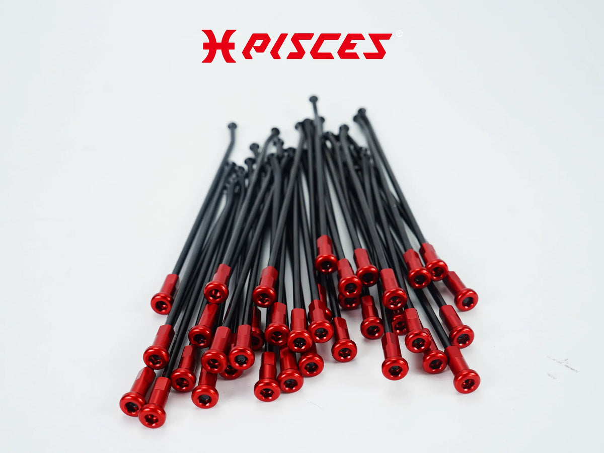 Jeu de rayons noirs et écrous rouges Pisces Custom pour Supermoto, MX et Enduro.