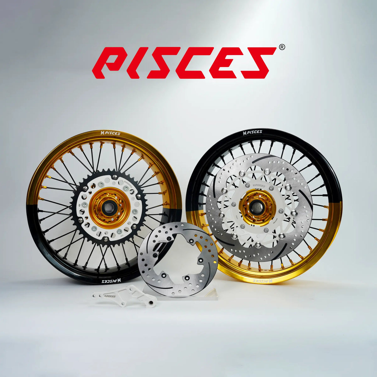 Kit de roues Supermoto Suzuki RM-Z DR-Z RM Deux Couleurs — jante dorée et noire avec moyeu doré et kit de freinage blanc — référence de couleur personnalisée
