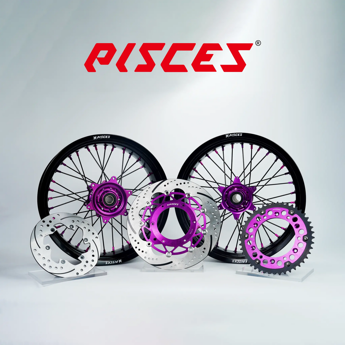 Husqvarna FC FE TE TC TX Single Color Supermoto wheels kit - black rim, purple hub, black spokes, purple nipples, purple brake kit - custom color reference