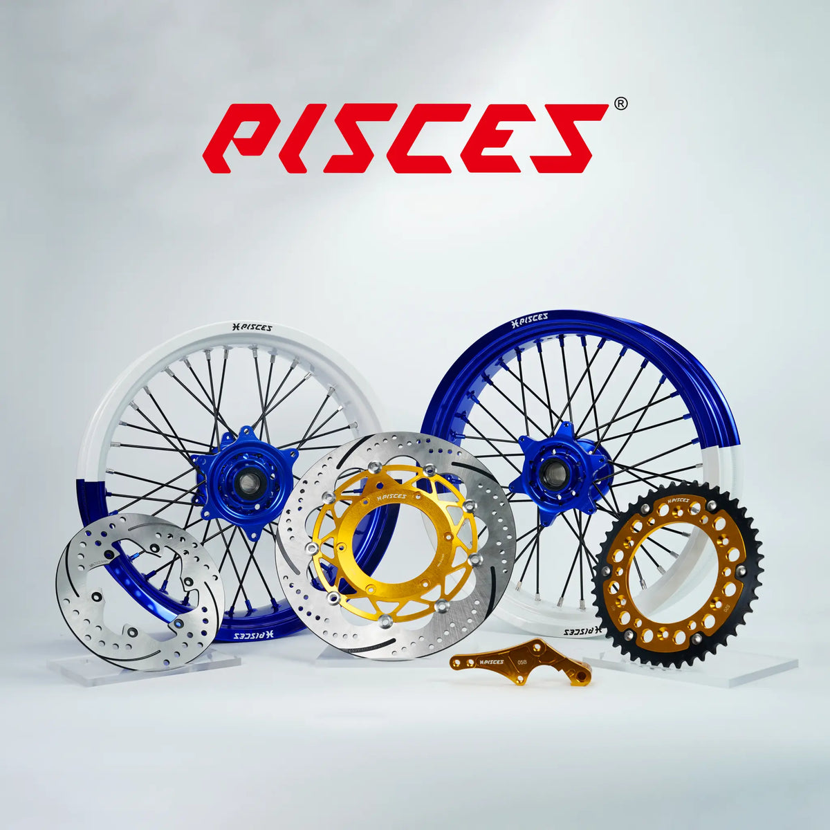 Kit de roues Supermoto Suzuki RM-Z DR-Z RM Deux Couleurs — jante bleue et blanche avec moyeu bleu et kit de freinage doré — référence de couleur personnalisée