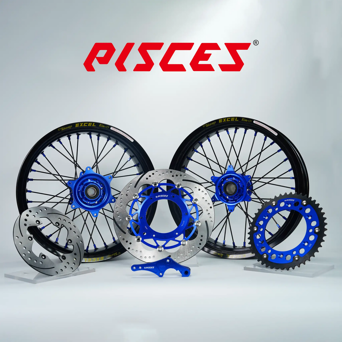 Beta RR RX Single Color Excel Takasago Supermoto wheel kit — black rim with blue hub, black spokes, blue nipples and blue brake kit — custom color reference