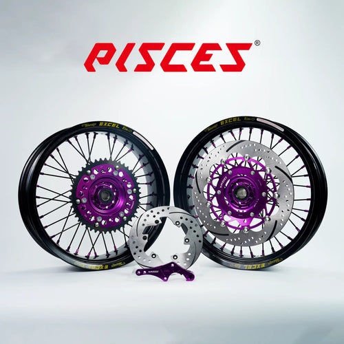 Beta RR RX Single Color Excel Takasago Supermoto wheel kit — black rim with purple hub, black spokes, purple nipples and purple brake kit — custom color reference